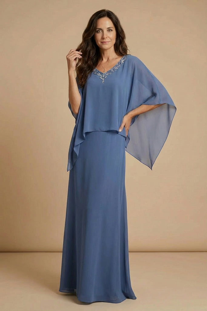 Draped Sleeves Beaded Chiffon Blue Long Mother of the Bride Dress Custom Size / Blue