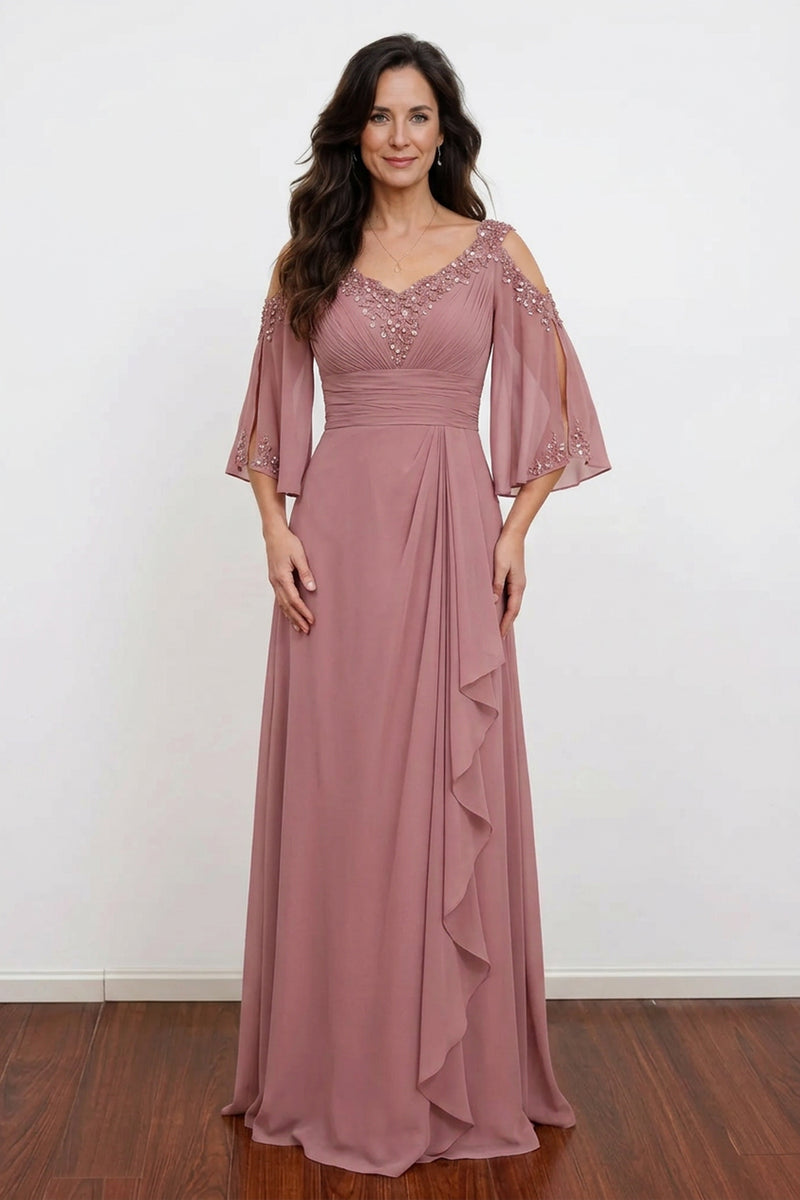 Dusty Rose Beaded V-Neck Chiffon Mother of the Bride Dress-Pgmdress