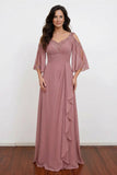 Dusty Rose Beaded V-Neck Chiffon Mother of the Bride Dress-Pgmdress
