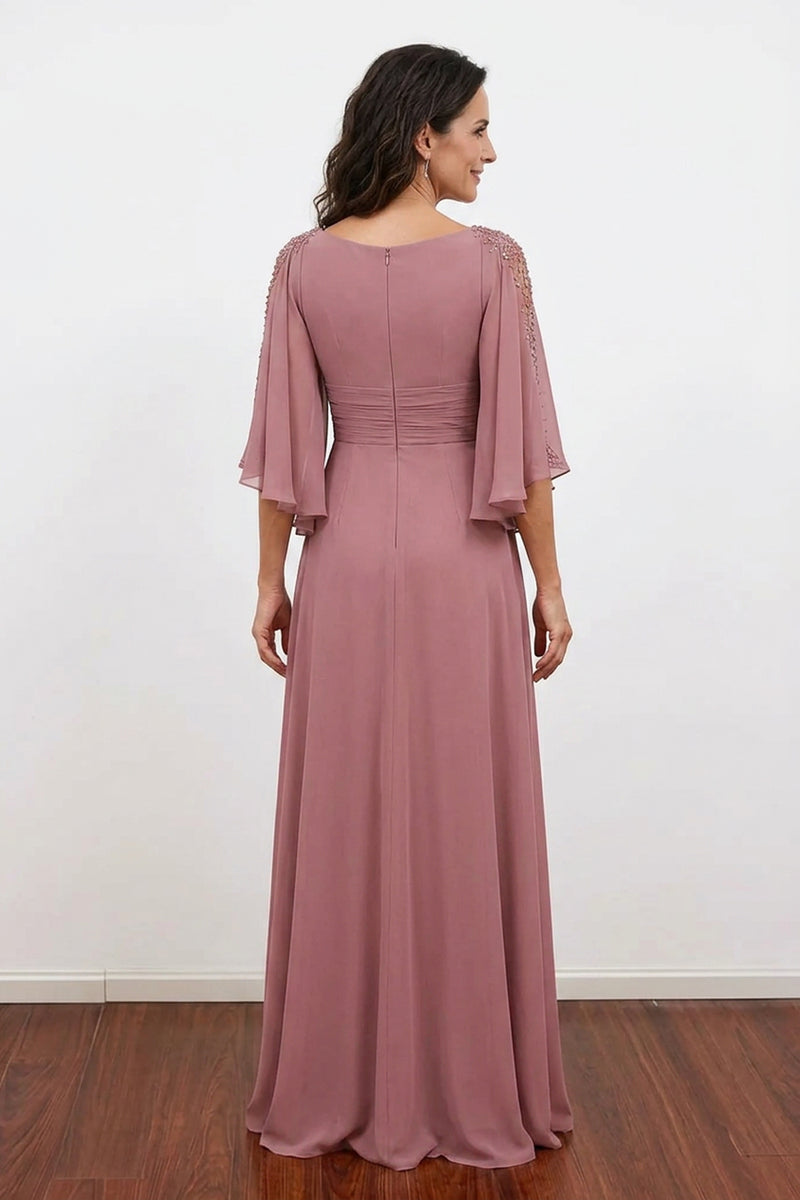 Dusty Rose Beaded V-Neck Chiffon Mother of the Bride Dress-Pgmdress