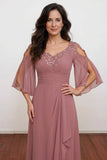 Dusty Rose Beaded V-Neck Chiffon Mother of the Bride Dress-Pgmdress