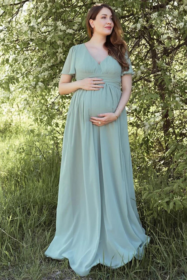 Dusty Sage V-Neck Maternity Bridesmaid Dress with Flared Sleeves BD129-Pgmdress