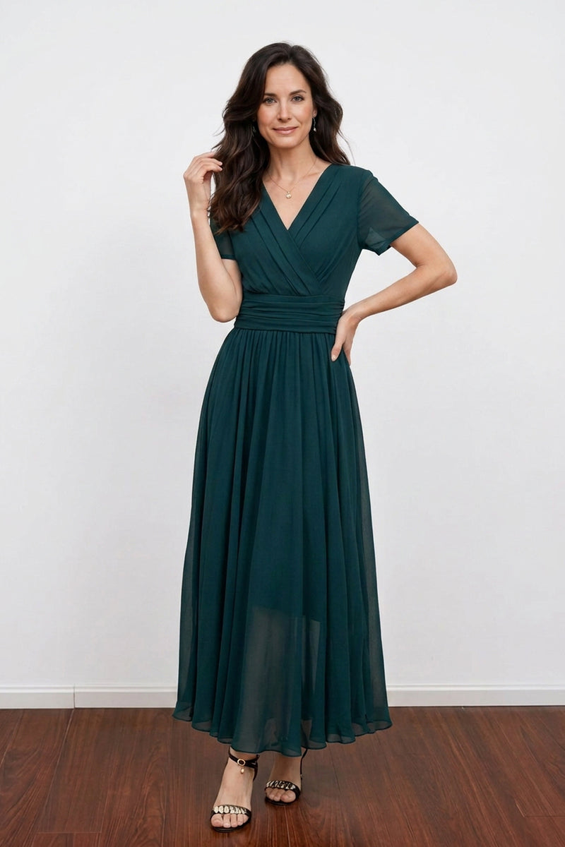 Elegant A-Line V Neck Chiffon Dark Green Mother of the Bride Dress-Pgmdress