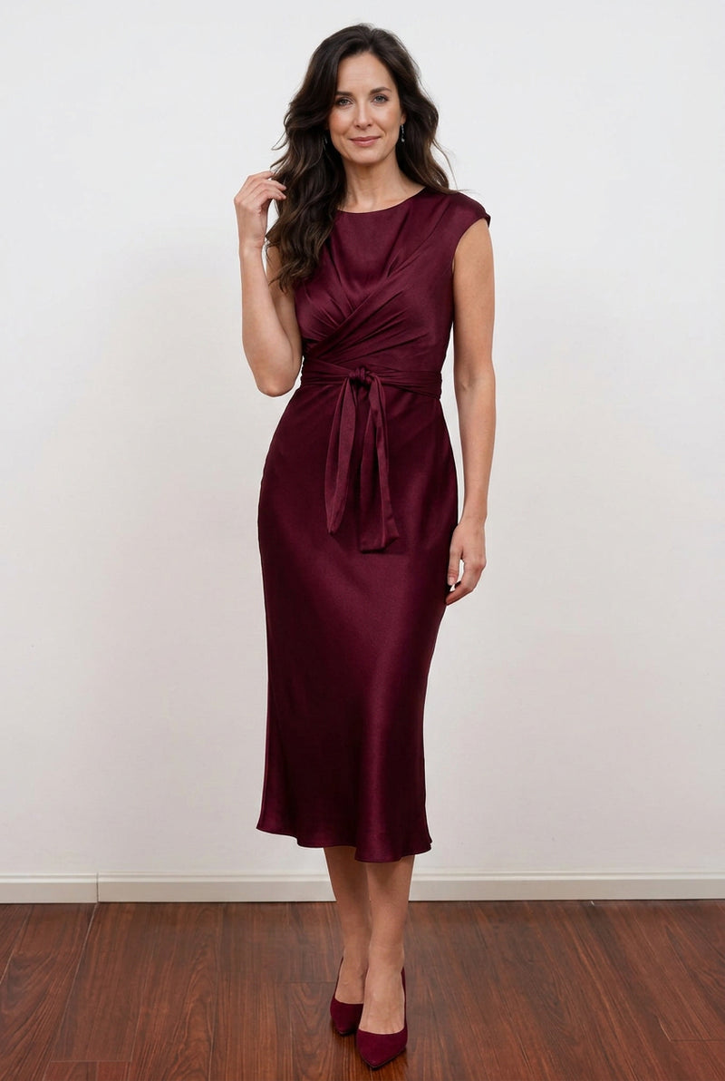 Elegant Burgundy Satin Mother of the Bride Dress with Waisted Tie-Pgmdress