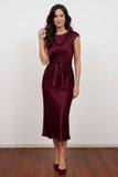 Elegant Burgundy Satin Mother of the Bride Dress with Waisted Tie-Pgmdress