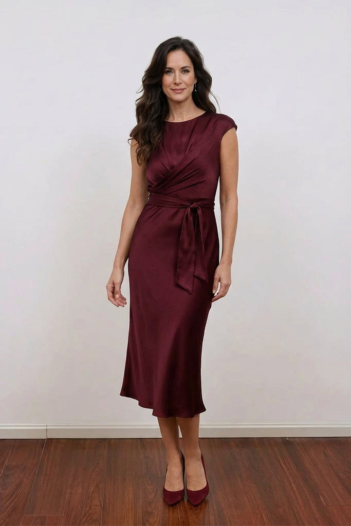Elegant Burgundy Satin Mother of the Bride Dress with Waisted Tie US2 / Custom Color