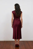 Elegant Burgundy Satin Mother of the Bride Dress with Waisted Tie-Pgmdress