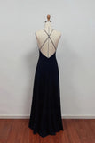 Elegant Deep Navy V-Neck A-Line Prom Dress with Crisscross Back-Pgmdress