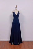 Elegant Deep Navy V-Neck A-Line Prom Dress with Crisscross Back-Pgmdress