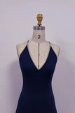 Elegant Deep Navy V-Neck A-Line Prom Dress with Crisscross Back-Pgmdress