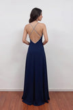 Elegant Deep Navy V-Neck A-Line Prom Dress with Crisscross Back-Pgmdress