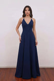 Elegant Deep Navy V-Neck A-Line Prom Dress with Crisscross Back-Pgmdress