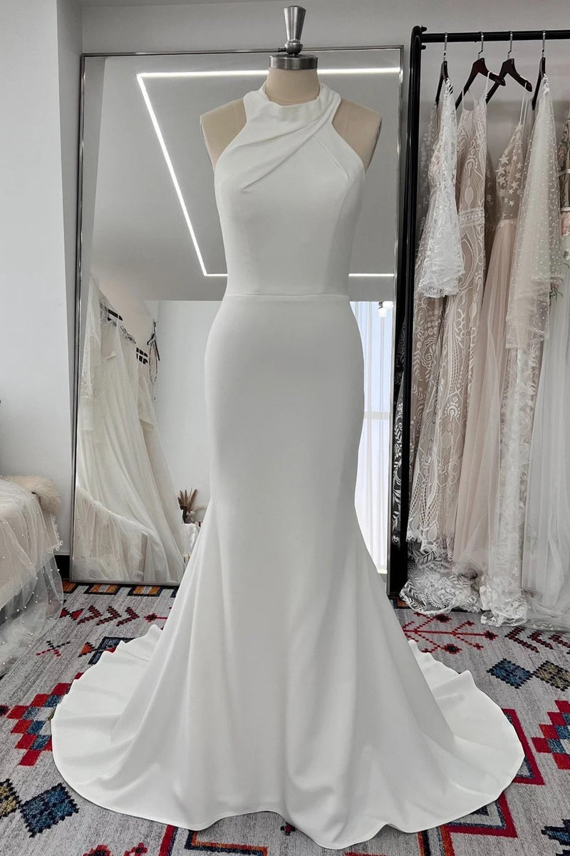 Elegant Halter Mermaid Wedding Dress with Detachable Train Satin Gown