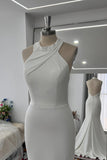 Elegant Halter Mermaid Wedding Dress with Detachable Train Satin Gown