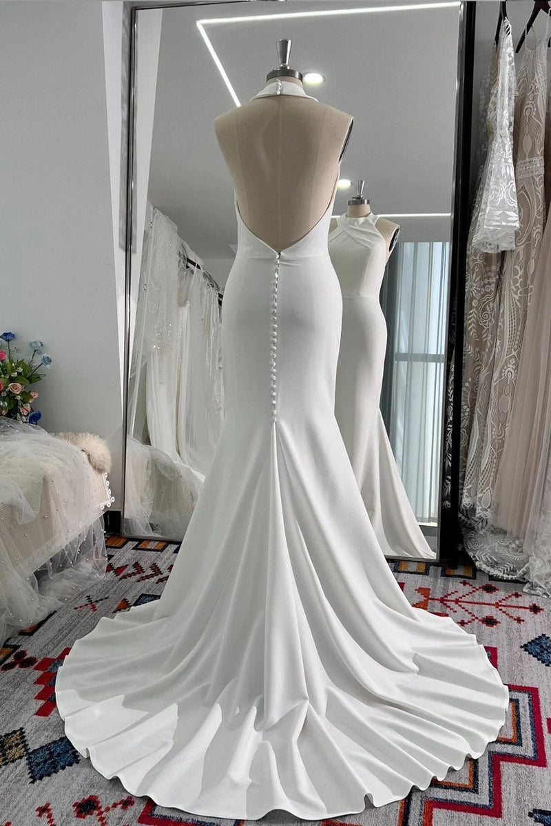 Elegant Halter Mermaid Wedding Dress with Detachable Train Satin Gown