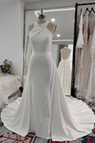Elegant Halter Mermaid Wedding Dress with Detachable Train Satin Gown