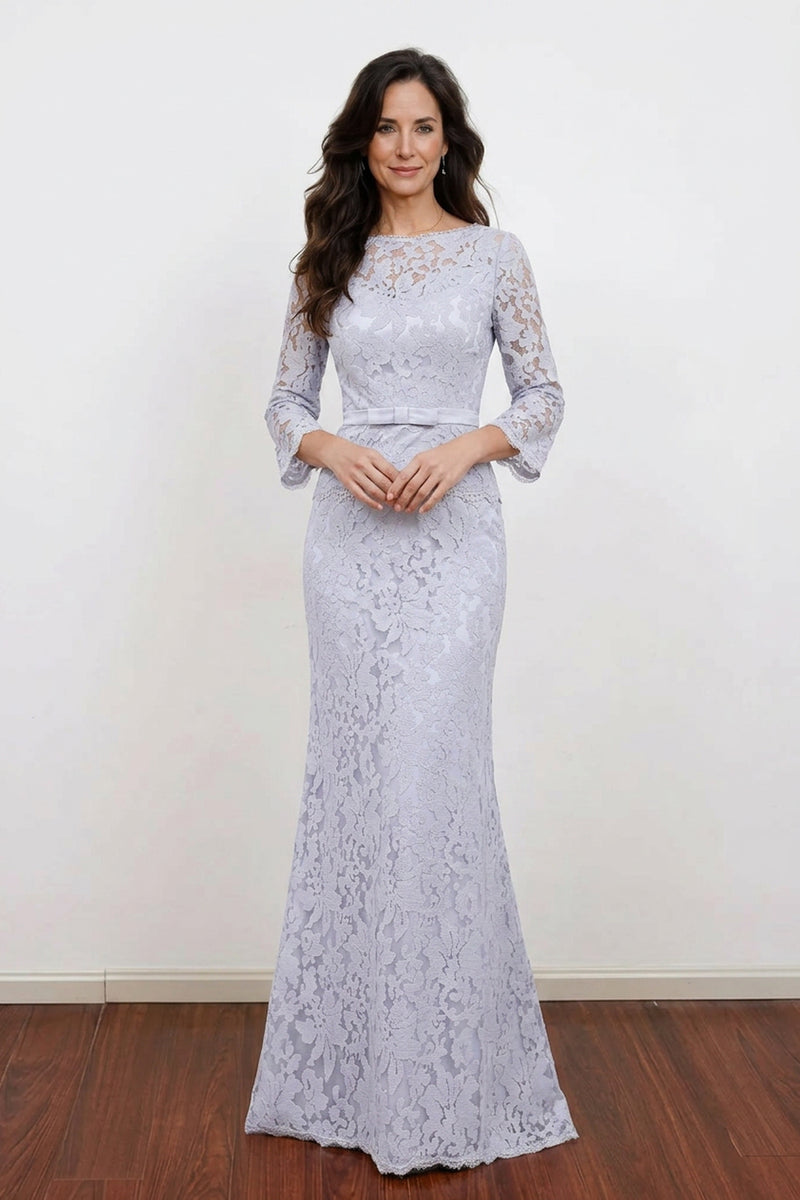 Lavender Lace Long Sleeve Mother Of The Bride Dress with Bow Belt-Pgmdress