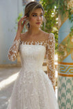 Elegant Long Sleeves Scoop Neck Lace Appliques Beach Wedding Dress WD681-Pgmdress
