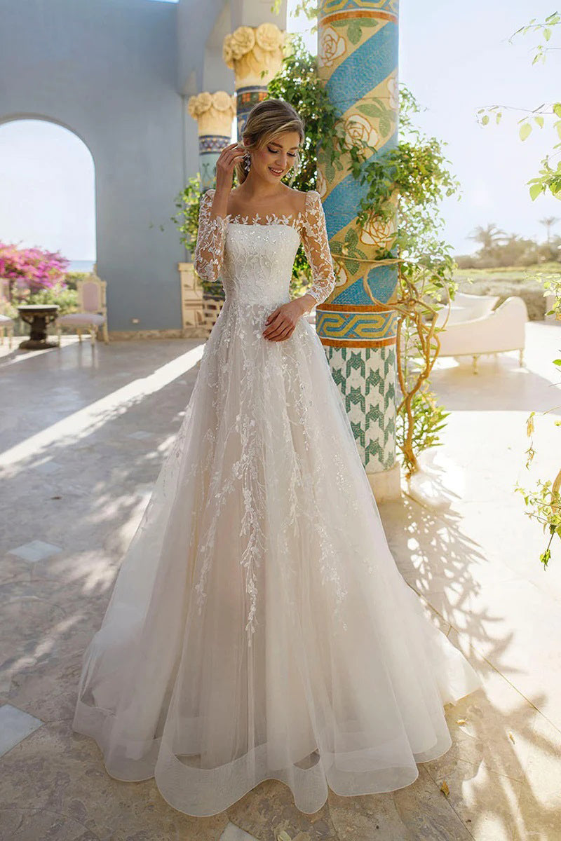 Elegant Long Sleeves Scoop Neck Lace Appliques Beach Wedding Dress WD681-Pgmdress
