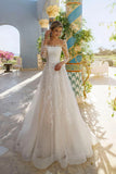 Elegant Long Sleeves Scoop Neck Lace Appliques Beach Wedding Dress WD681-Pgmdress