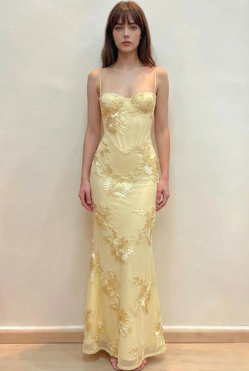 Elegant Mermaid Floral Embroidered Open-Back Yellow Prom Dress-Pgmdress