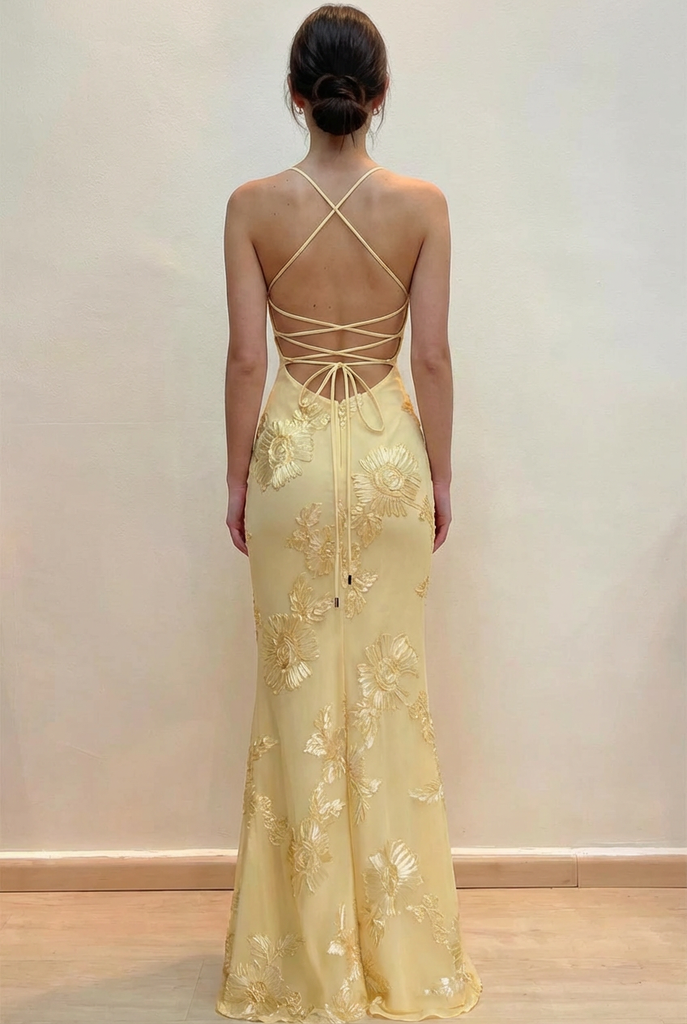Elegant Mermaid Floral Embroidered Lace Up Yellow Prom Dress Party Dre Pgmdress Elegant Mermaid Floral Embroidered Lace Up Yellow Prom Dress Party Dre Pgmdress