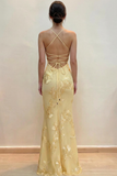 Elegant Mermaid Floral Embroidered Open-Back Yellow Prom Dress-Pgmdress