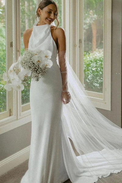mermaid halter wedding dress Elegant Modest Simple Bridal Gown WD738 US18 / Custom Color Size:L / 16