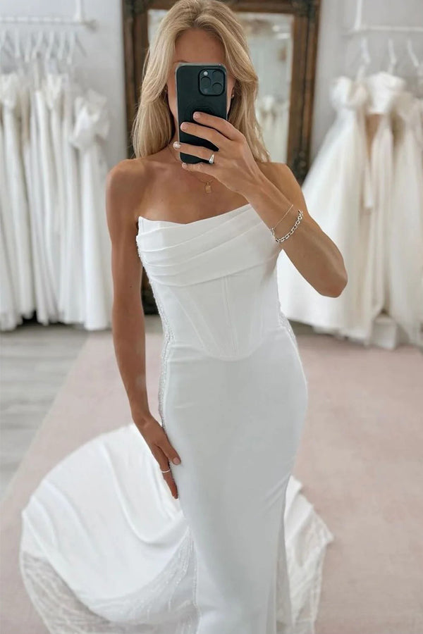 Elegant Mermaid Scoop Neck Elastic Satin Wedding Dress With Beading-Pgmdress