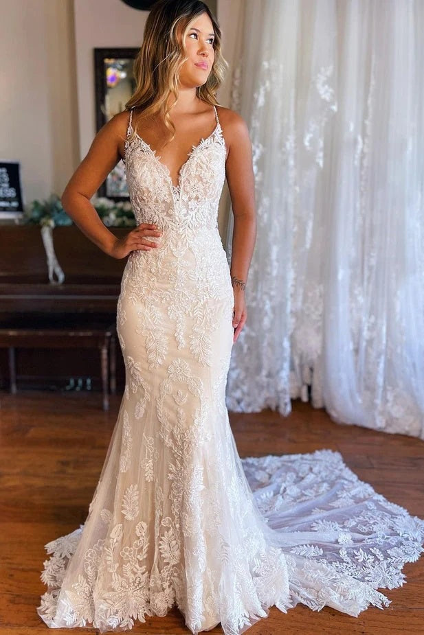 Mermaid V-neck Sleeveless Elegant Lace Flowers Bridal Wedding Dress