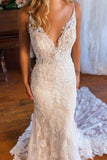 Elegant Mermaid V Neck Lace Bohemian Wedding Dresses with Court Train WD682-Pgmdress