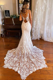 Elegant Mermaid V Neck Lace Bohemian Wedding Dresses with Court Train WD682-Pgmdress