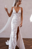 Elegant Mermaid V Neck Lace Boho Wedding Dresses with Slit WD679-Pgmdress