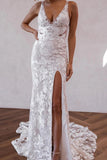 Elegant Mermaid V Neck Lace Boho Wedding Dresses with Slit WD679-Pgmdress