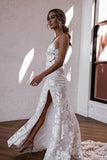 Elegant Mermaid V Neck Lace Boho Wedding Dresses with Slit WD679-Pgmdress
