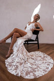 Elegant Mermaid V Neck Lace Boho Wedding Dresses with Slit WD679-Pgmdress