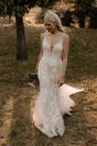 Elegant Mermaid V Neck Lace Long Wedding Dresses with Appliques WD694-Pgmdress