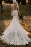 Elegant Mermaid V Neck Lace Long Wedding Dresses with Appliques WD694-Pgmdress