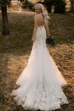 Elegant Mermaid V Neck Lace Long Wedding Dresses with Appliques WD694-Pgmdress