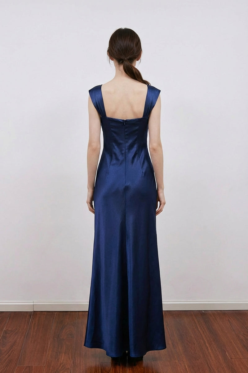 Elegant Navy Blue Satin Prom Dress with Crystal Embellished-Pgmdress