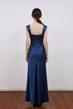 Elegant Navy Blue Satin Prom Dress with Crystal Embellished-Pgmdress