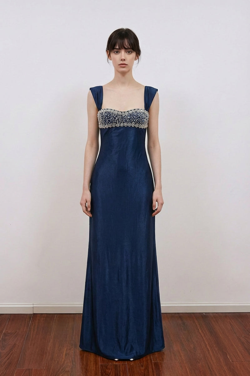 Elegant Navy Blue Satin Prom Dress with Crystal Embellished-Pgmdress
