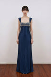 Elegant Navy Blue Satin Prom Dress with Crystal Embellished
