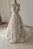 Elegant Off-Shoulder Lace Boho Wedding Dress with Lace-up Back-Pgmdress