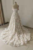 Elegant Off-Shoulder Lace Boho Wedding Dress with Lace-up Back-Pgmdress
