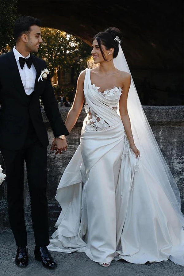 Elegant One Shoulder Applique Satin White Wedding Dress WD785-Pgmdress