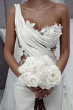Elegant One Shoulder Applique Satin White Wedding Dress WD785-Pgmdress
