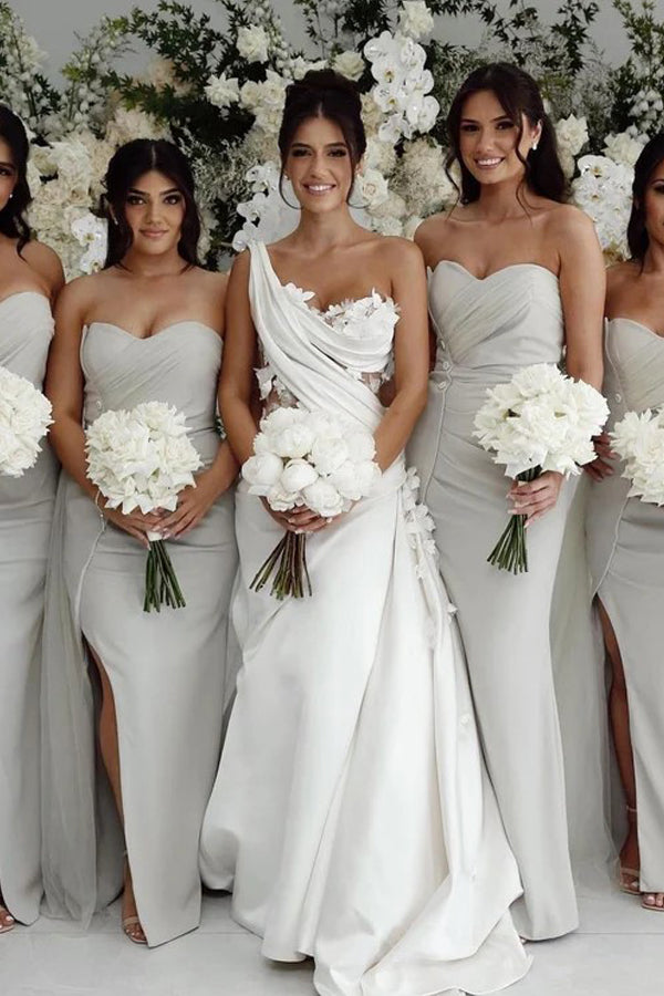 Elegant One Shoulder Applique Satin White Wedding Dress WD785-Pgmdress