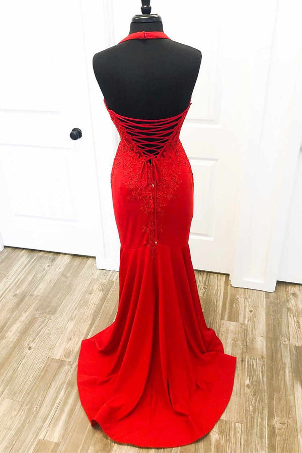 Elegant Red Halter Mermaid Prom Dress with Appliques  PSK505-Pgmdress