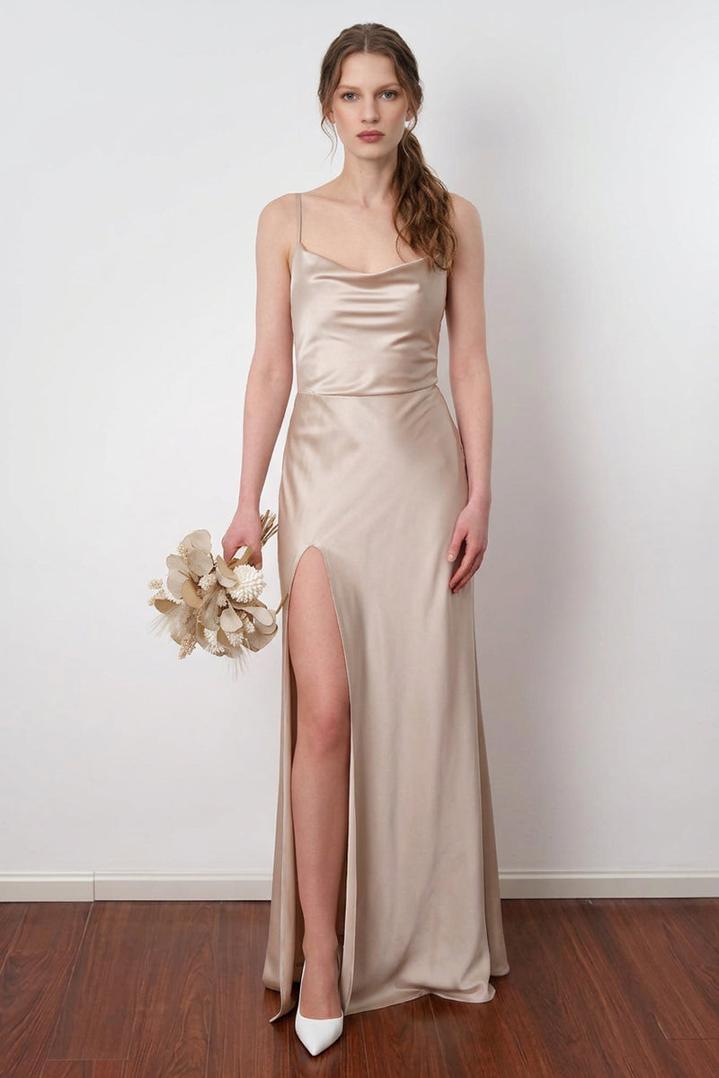 Elegant Satin Cowl Neck Thigh Slit Bridesmaid Dress Party Dress-Pgmdress